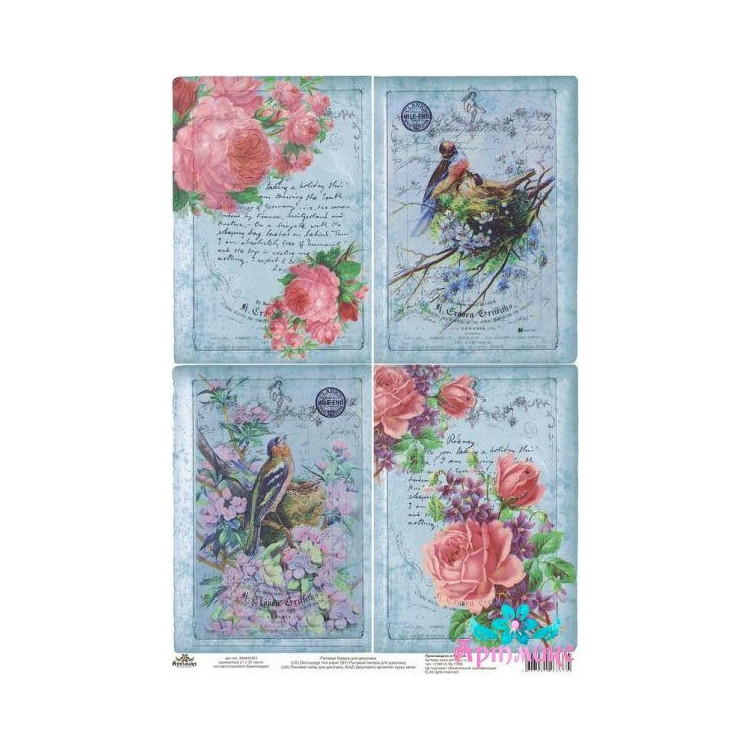 Rice card for decoupage "Beautiful birds with roses" AM400263D