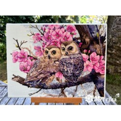 Two Owls in Spring Blossom 38x29 cm SK228