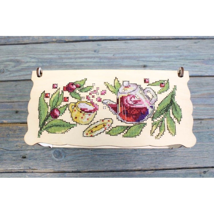 Cross-stich on wooden base "Tea box. Berry tea party" SO-084