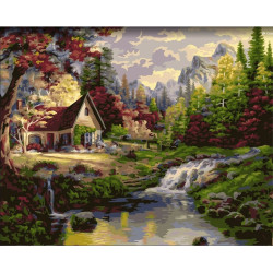 WIZARDI PAINTING BY NUMBER KIT. FARMSTEAD BY THE STREAM 40X50 CM A147