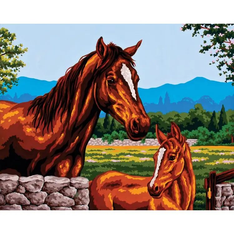 Printed Canvas 50x40 Mare and Foal by the Stone Wall CDA11494 Printed Canvas 50x40 Mare and Foal by the Stone Wall CDA11494
