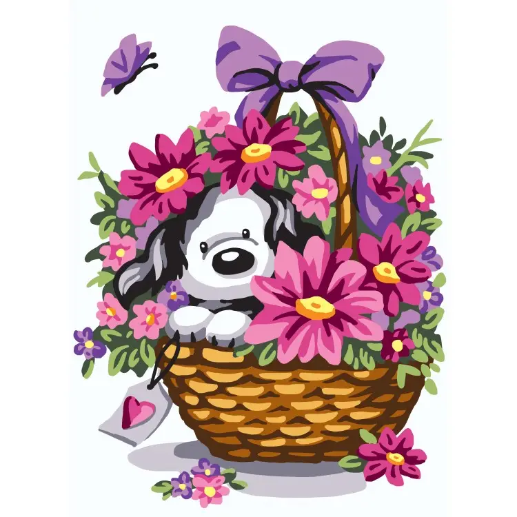 Printed Canvas 22x30 Puppy in a Basket of Flowers CDA6308 Printed Canvas 22x30 Puppy in a Basket of Flowers CDA6308