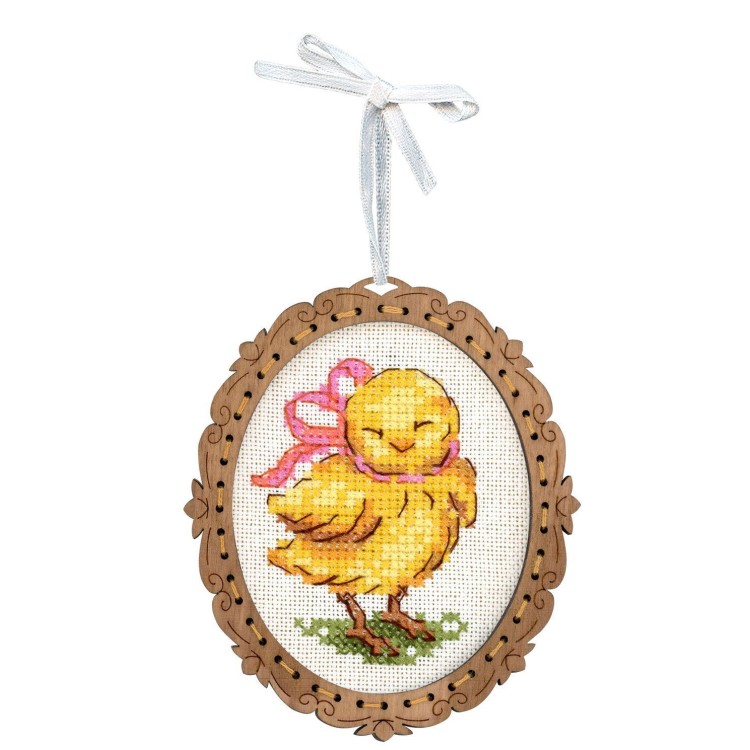 Cross-stitch on wooden base "Miniature. Chicken with a bow" SO-127