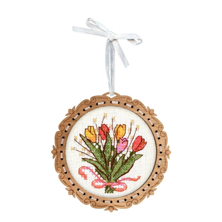 Cross-stitch on wooden base "Miniature. Bouquet of tulips" SO-138