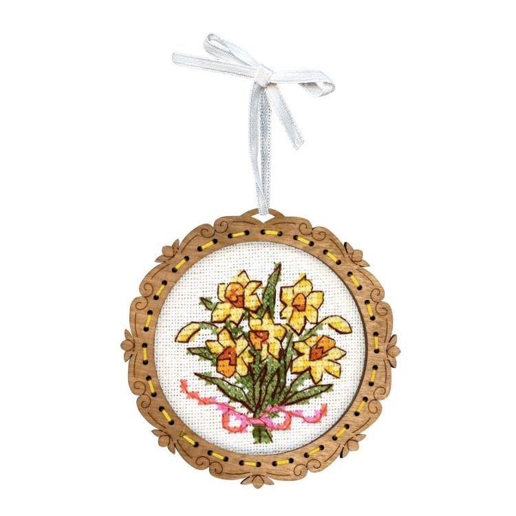 Cross-stitch on wooden base "Miniature. Bouquet of daffodils" SO-139