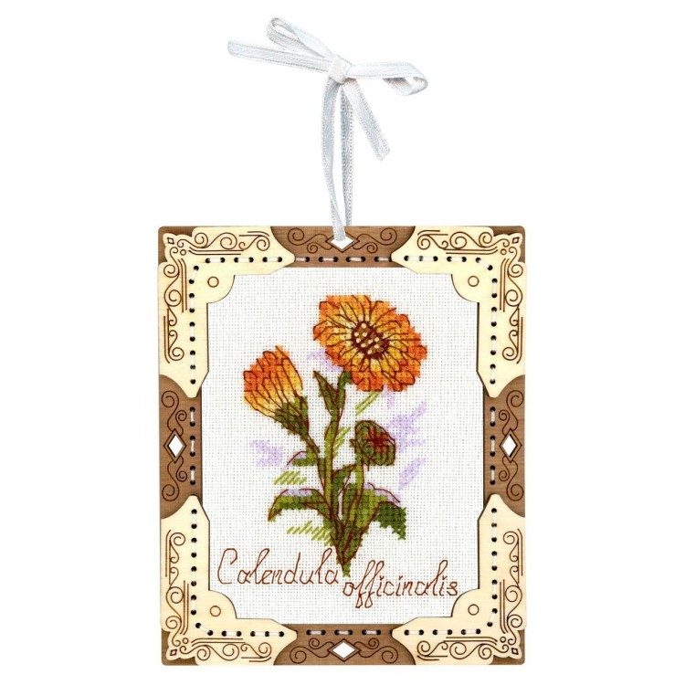 Cross-stich on wooden base "Miniature. Calendula" SO-140
