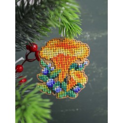 Cross-stich on wooden base"Christmas tree decoration. Chanterelle mush SO-148