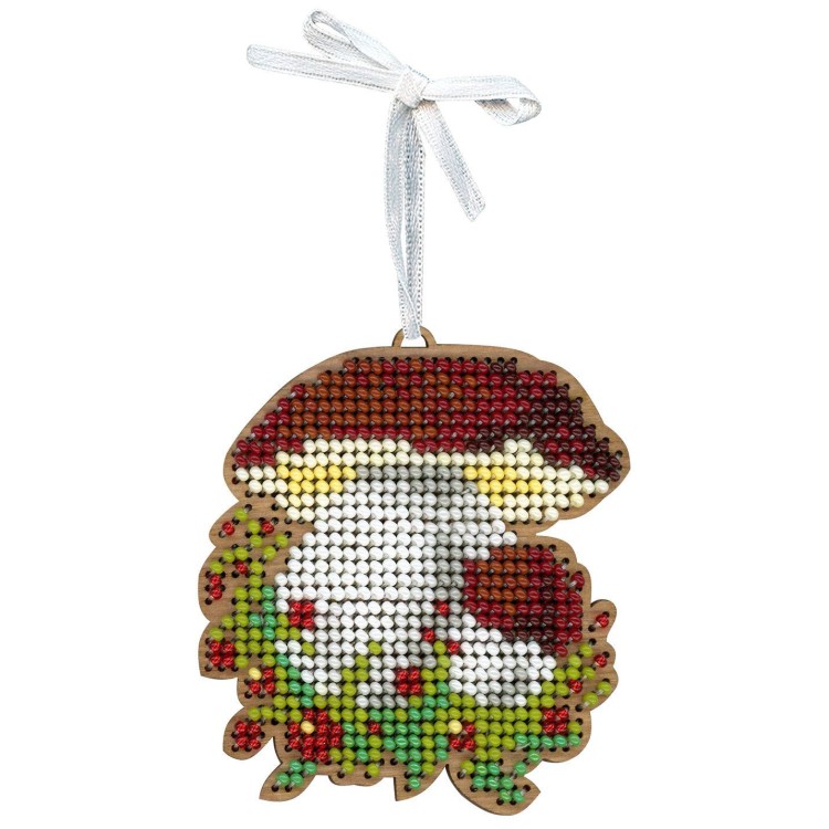 Cross-stich on wooden base"Christmas tree decoration. Porcini mushroom SO-149