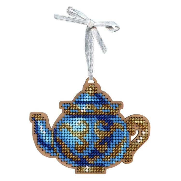 Cross-stich on wooden base"An elegant tea set. Teapot" SO-154