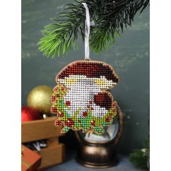 Cross-stich on wooden base"Christmas tree decoration. Porcini mushroom SO-149
