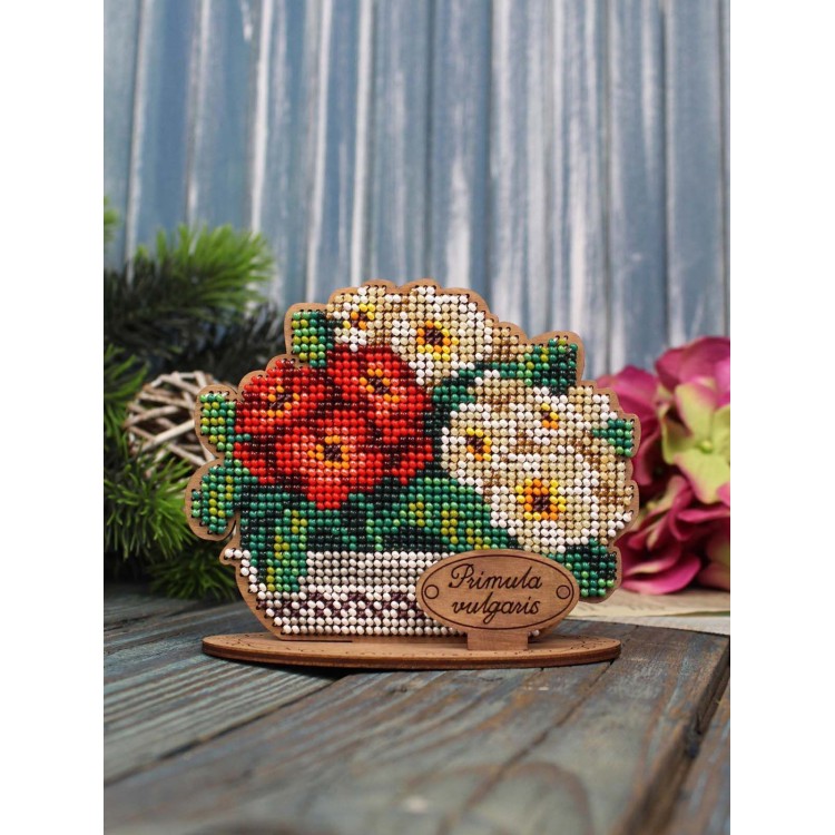 Cross-stich on wooden base"Primroses in a pot" SO-159
