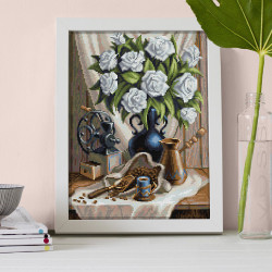 Картина Стразами Белые Розы и черный Кофе AZ-1657
