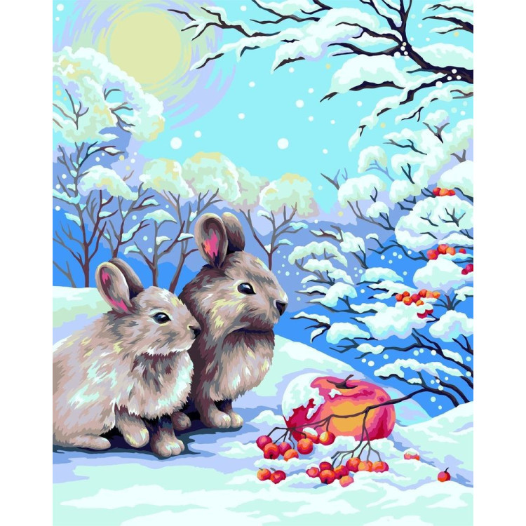 (SALE, Discontinued) Wizardi Painting by Numbers Kit Rabbits in Winter Forest 40x50 cm L018